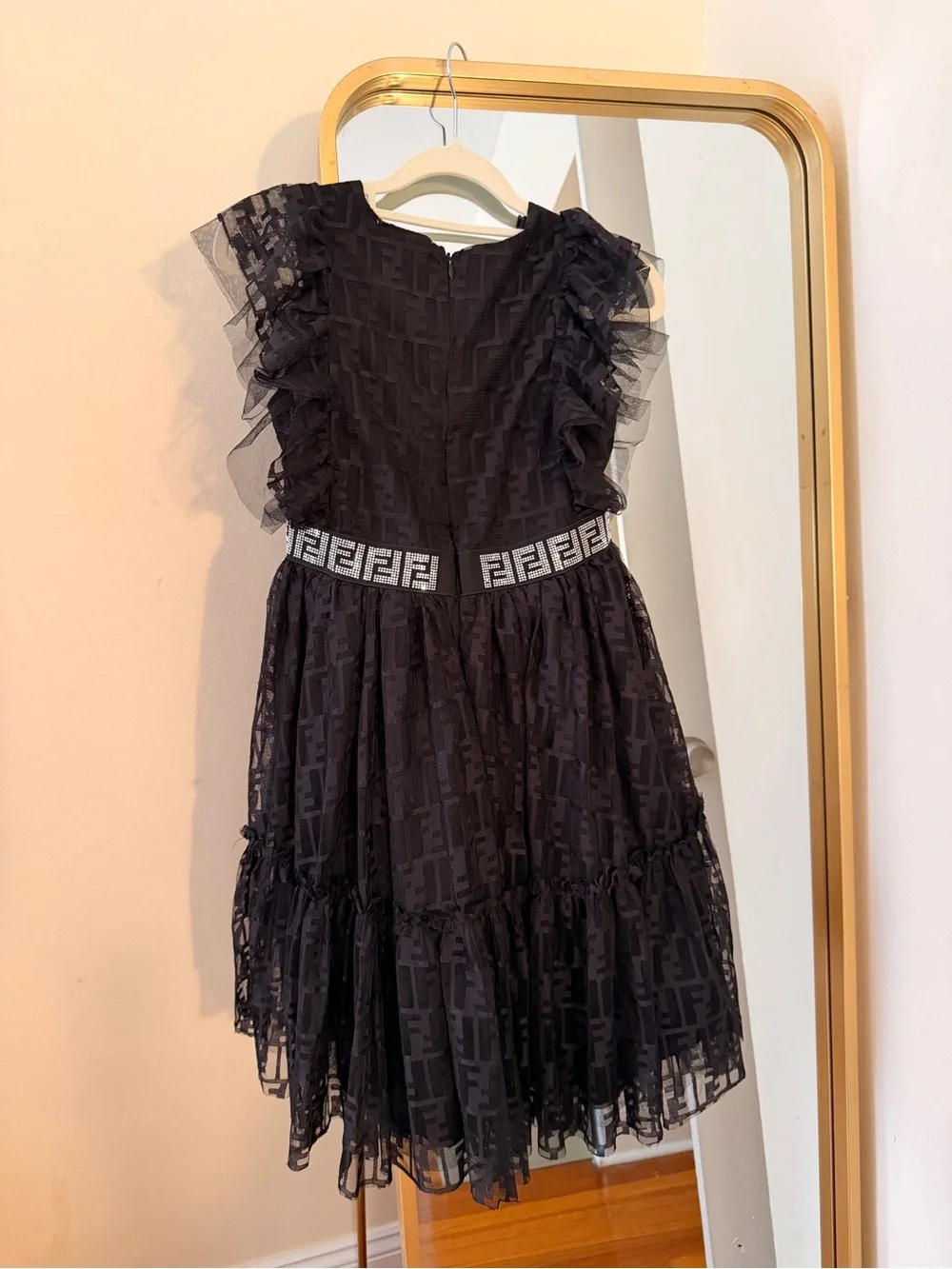 Black Ruffle Tulle Kids Dress with Decorative Waistband